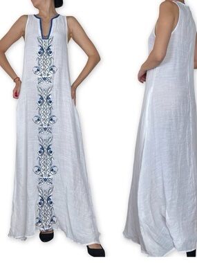 Ralph Lauren White Sleeveless blue Embroidered Maxi Dress gorgeous! l